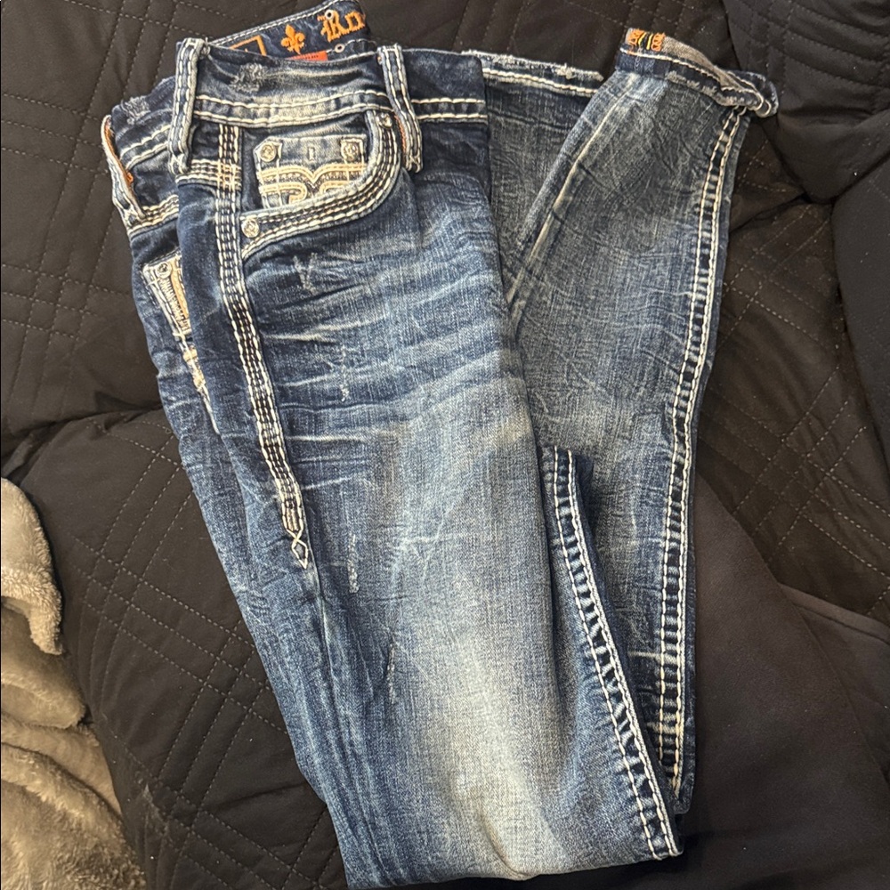 Rock Revival Blue Jeans with Gold Stitching